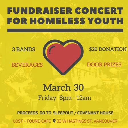 Join us on Friday March 30th for foundraiser concert for homeless youth #chsleepout door prizes, 50-50 draw, great music played by talented musicians.