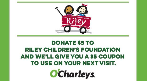 RileyKids's tweet photo. Now through April 22 visit an Indiana @OCharleys location, donate $5 to our Riley kids and get a $5 coupon! #GiveHope https://t.co/qFUwwFifAG