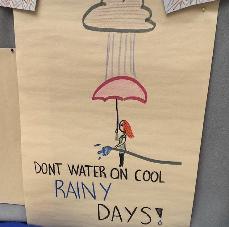 FWWater's tweet photo. Looks like it's going to be a rainy week for DFW! Take some advice from the kiddos and turn OFF the sprinklers if it's raining... ☔️🌧 #smartart #goodadvice #springishere #catchrainwater #saveitforlater #dontwastewater #conserve https://t.co/DdA186cFtf
