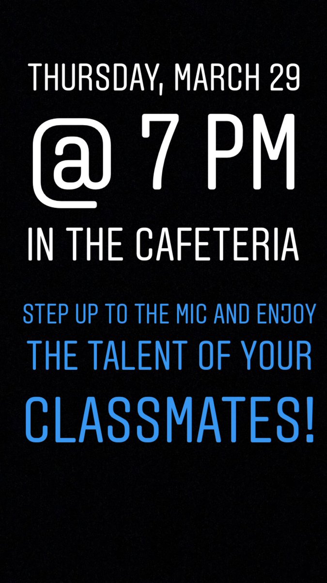 bingham_2018's tweet photo. Don’t let senioritis stop you from making mems! Kick off your last quarter of high school at the Senior Class Open Mic Night on Thursday, March 29 @ 7 PM in the Cafeteria

We want to see talent!

Singing? Yes.
Vine Impersonations? Absolutely.
Fortnite Tutorial? See You There. https://t.co/S6ezwQRp1A