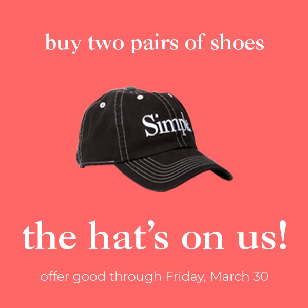 simpleshoes's tweet photo. Get your hat head on - grab two of your favorite simple shoes and the simple hat (and flat hair) are on us! - Offer good through Friday, March 30, 2018.
#happyspring #simpleshoes #livesimple https://t.co/7R7CF32YY2