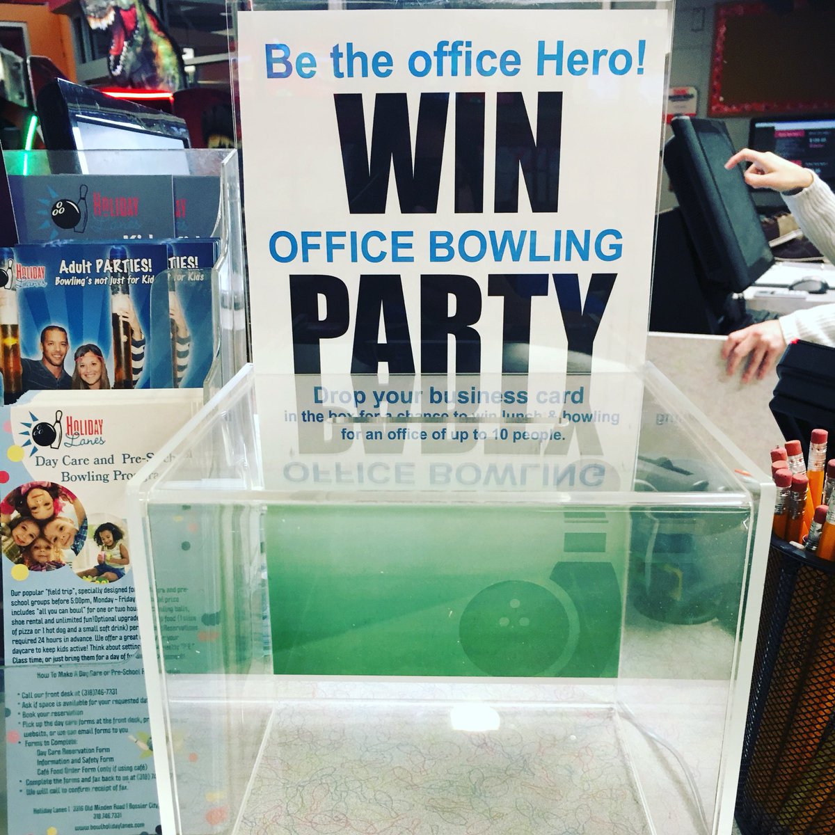 Stop, drop, and bowl!  Drop your business card in the bowl for your chance to win an office bowling party! #officehero