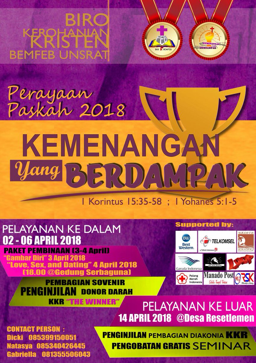Syalom... 
Dalam rangka Perayaan Paskah 2018, maka Biro Kerohanian Kristen Fakultas Ekonomi dan Bisnis UNSRAT mengadakan beberapa kegiatan seperti : 
-Penginjilan
-Pengobatan Gratis
-Pembagian Diakonia
-Seminar
-Paket Pembinaan
-Pelayanan Ke dalam
-Pelayanan Ke Luar
TYM 😊