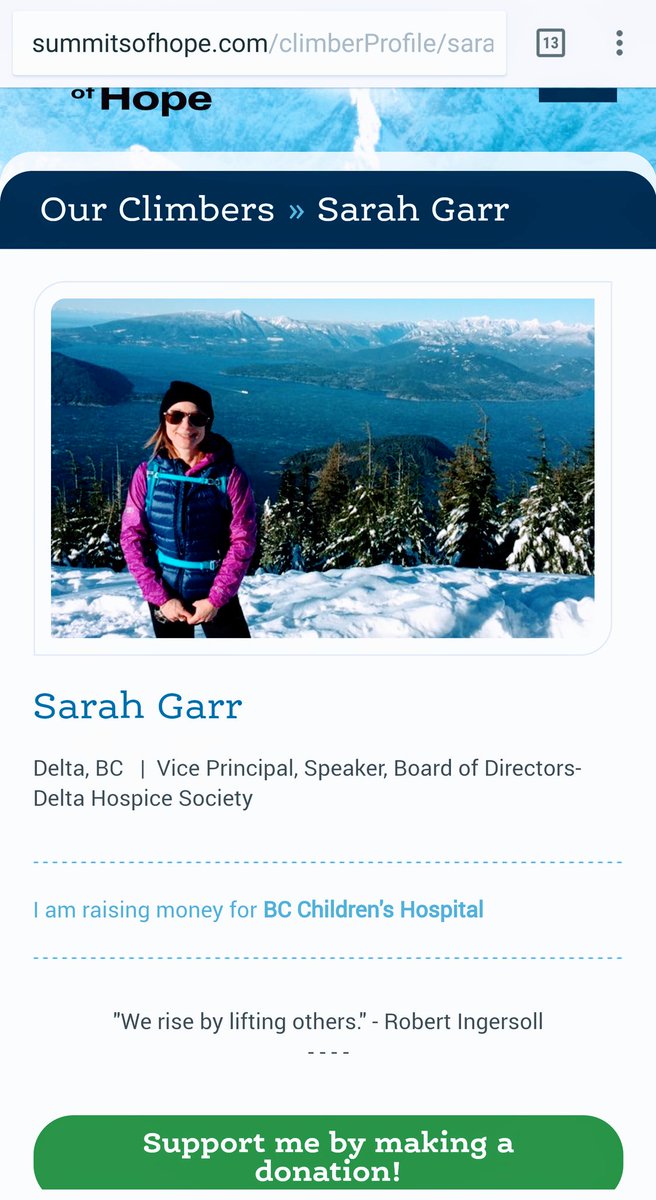 Great to see former speaker and <a href="/RichmondSD38/">Richmond Schools</a> administrator <a href="/garr_s/">Sarah Garr</a> participating in a <a href="/SummitsofHope/">Summits of Hope</a> climb this year. Read about her "why" and support her efforts for <a href="/BCCHF/">BCCH Foundation</a>  summitsofhope.com/climberProfile… #vancouver #adventure #bced #bcedchat