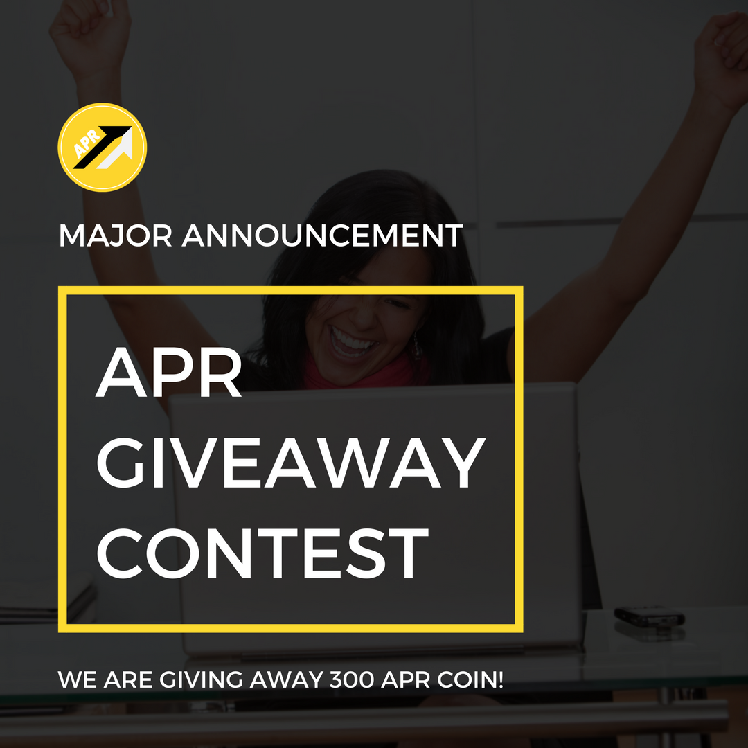 APRCoinOfficial's tweet image. Major Announcement: We are having a giveaway of 300 APR Coin! 3 randomly selected winners will receive 100 APR Coin each. To enter you must follow our Twitter: @APRCoinOfficial, retweet this and join our Discord: discord.gg/JST5A9T. Hurry, the contest ends April 3, 2018!
