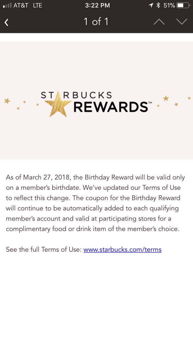 MacWoodard's tweet photo. @Starbucks Terrible business decision to limit birthday rewards to your birthdate only. That’s no way to reward your best customers. https://t.co/lOMiBFqR84