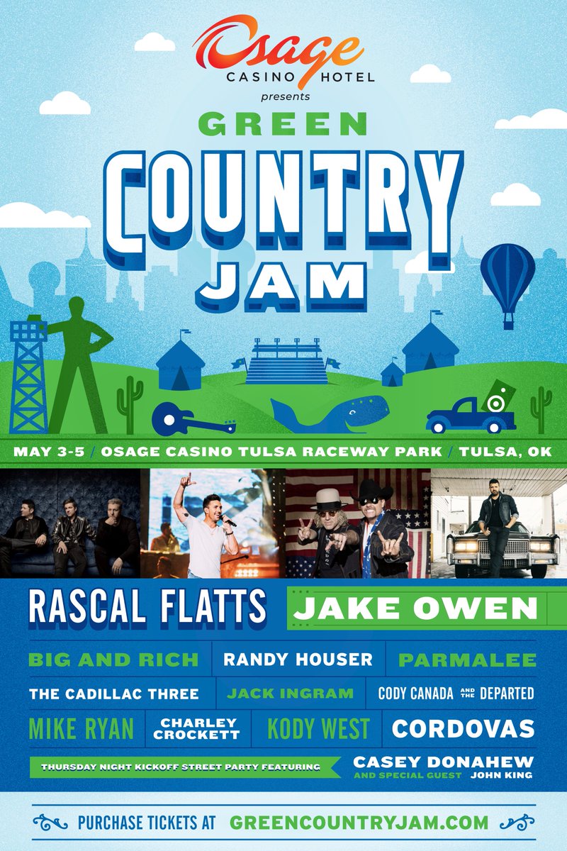 Oklahoma's Country Music Party of Year! Come Party With Us May 3-5 at <a href="/Osage_Casinos/">Osage Casino & Hotel</a> Tulsa Raceway Park! Green Country Jam 2018 Presented by <a href="/Osage_Casinos/">Osage Casino & Hotel</a>. Tickets on sale now at greencountryjam.com.