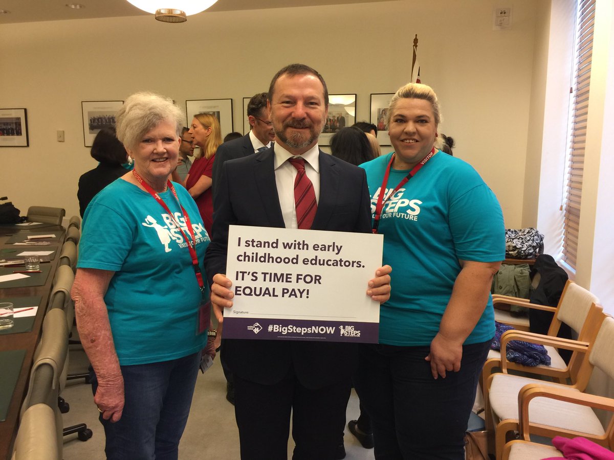 GrahamPerrettMP's tweet photo. I am proud to stand with Gail and Kirstie, two hard working childhood educators from Queensland who took protected industrial action yesterday as part of their campaign for fair pay. They care for Australian kids & deserve equal pay. #BigWalkOff #bigsteps https://t.co/pViDjXElDJ