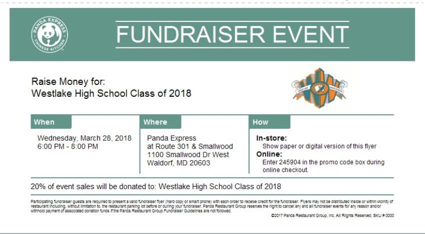 Come support the Westlake’s Class of 2018 <a href="/PandaExpress/">Panda Express</a> Waldorf MD 6 to 8pm. Remember to show the flyer