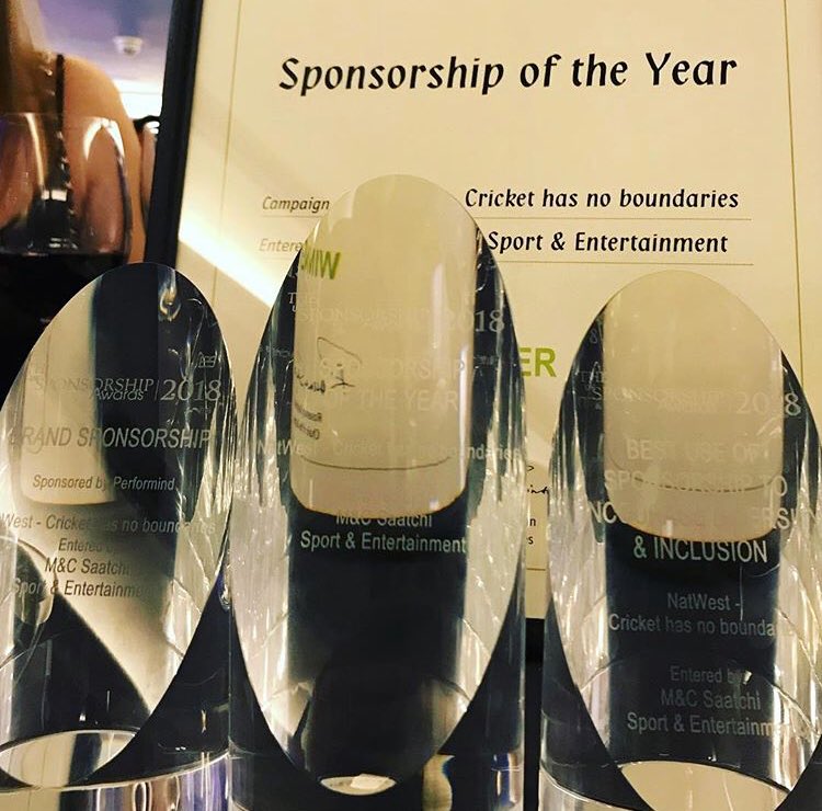 Proud to have been awarded with three gongs at the @SponsNews Awards for ‘Cricket has no boundaries’ #Diversity&Inclusion #BestBrandSponsorship #SponsorshipOfTheYear