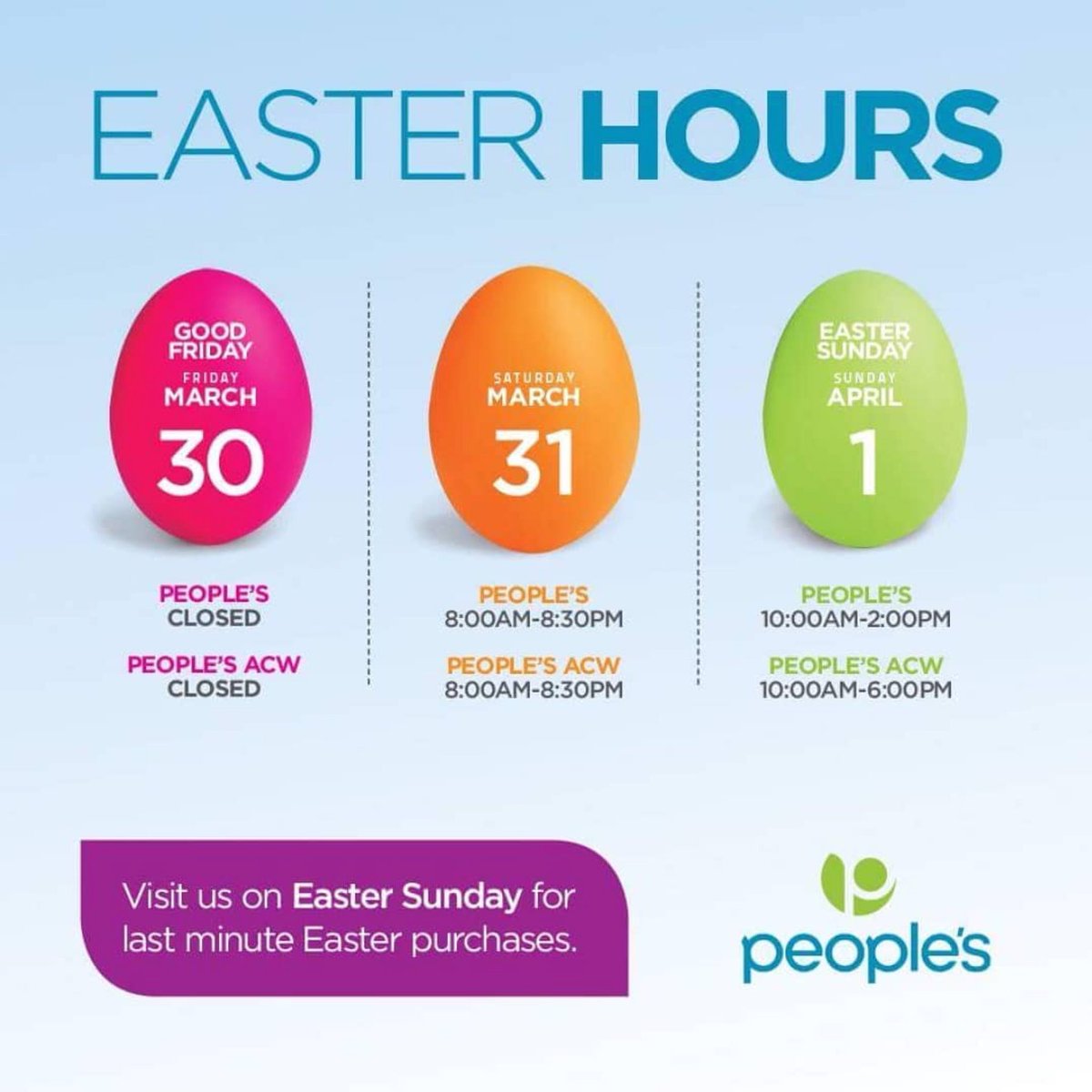 PeoplesACW's tweet photo. People’s and People’s ACW Easter Holiday hours ~ #Peoplesbda #PeoplesACW #holidayhours https://t.co/vH2HPOczm6