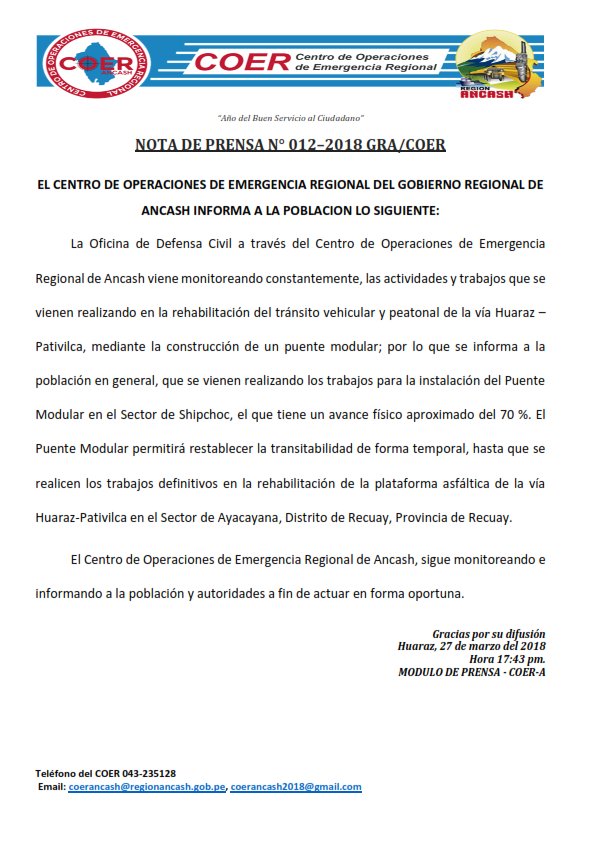 COER_ANCASH's tweet photo. Nota de Prensa N° 12
Referido al avance de la instalación del Puente Modular en la Provincia de Recuay. https://t.co/ZIPVvUosXS