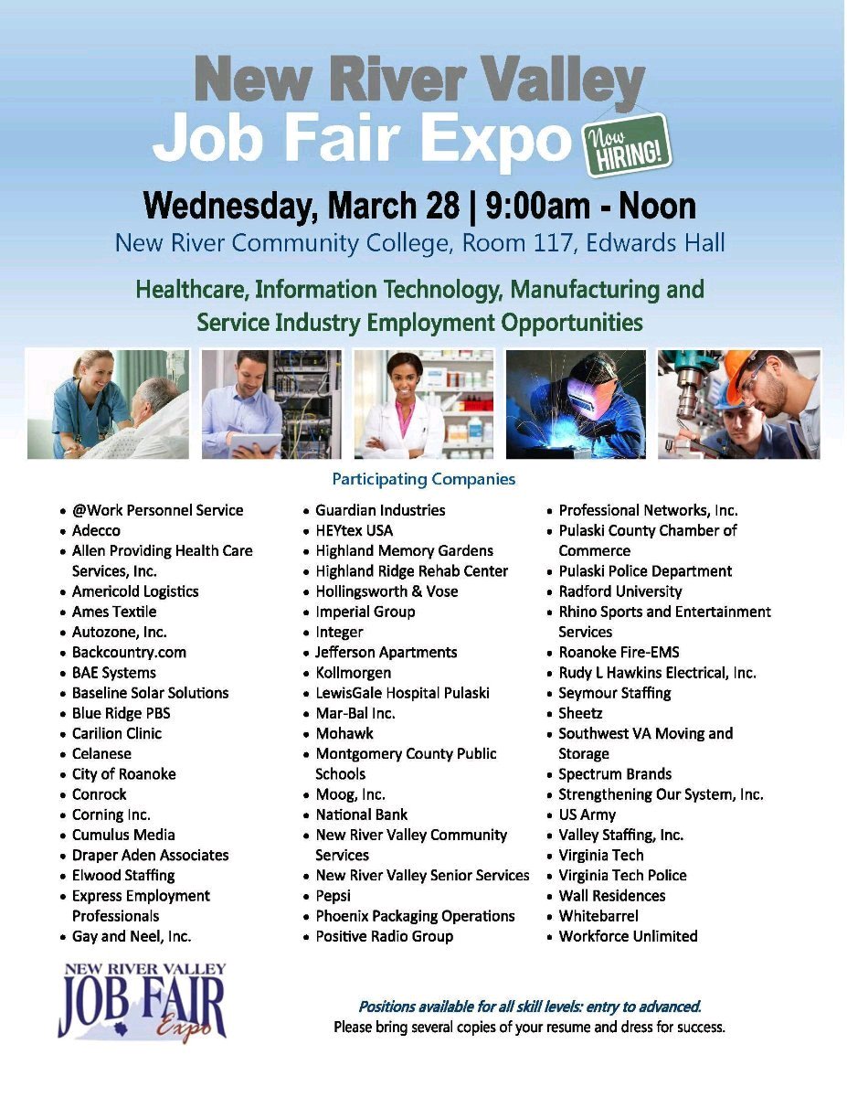 New River Valley Job Fair Expo is tomorrow (Wednesday, March 28). Look at this great line-up of employers! #NRVatWork <a href="/NRCCedu/">New River CC</a>