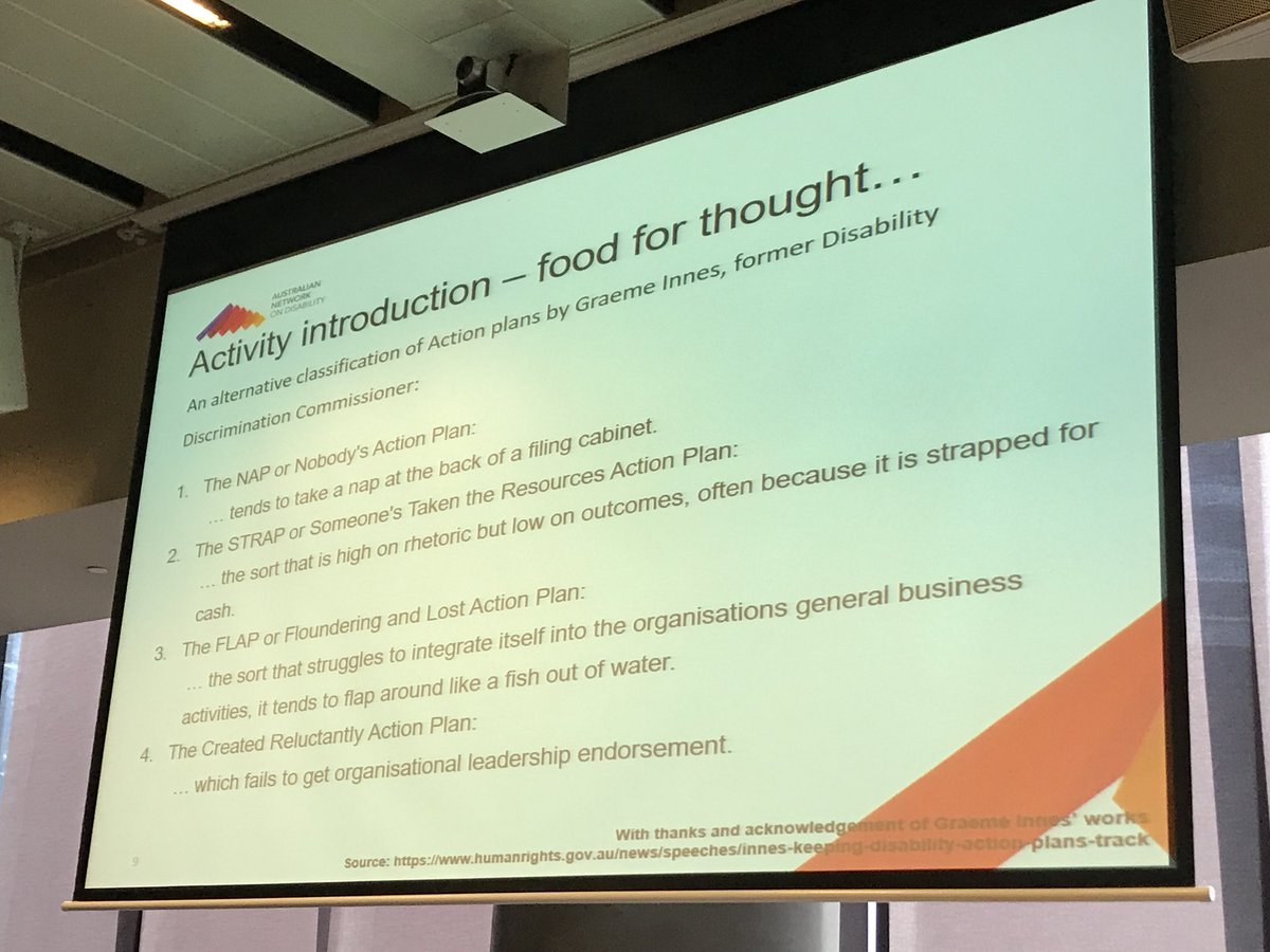 Graeme Innes’ humorous take on different types of disability action plans! Sharing good practice and challenges with a range of organisations at the Australian Network on Disability roundtable, hosted by ANZ. Lots more work to do!