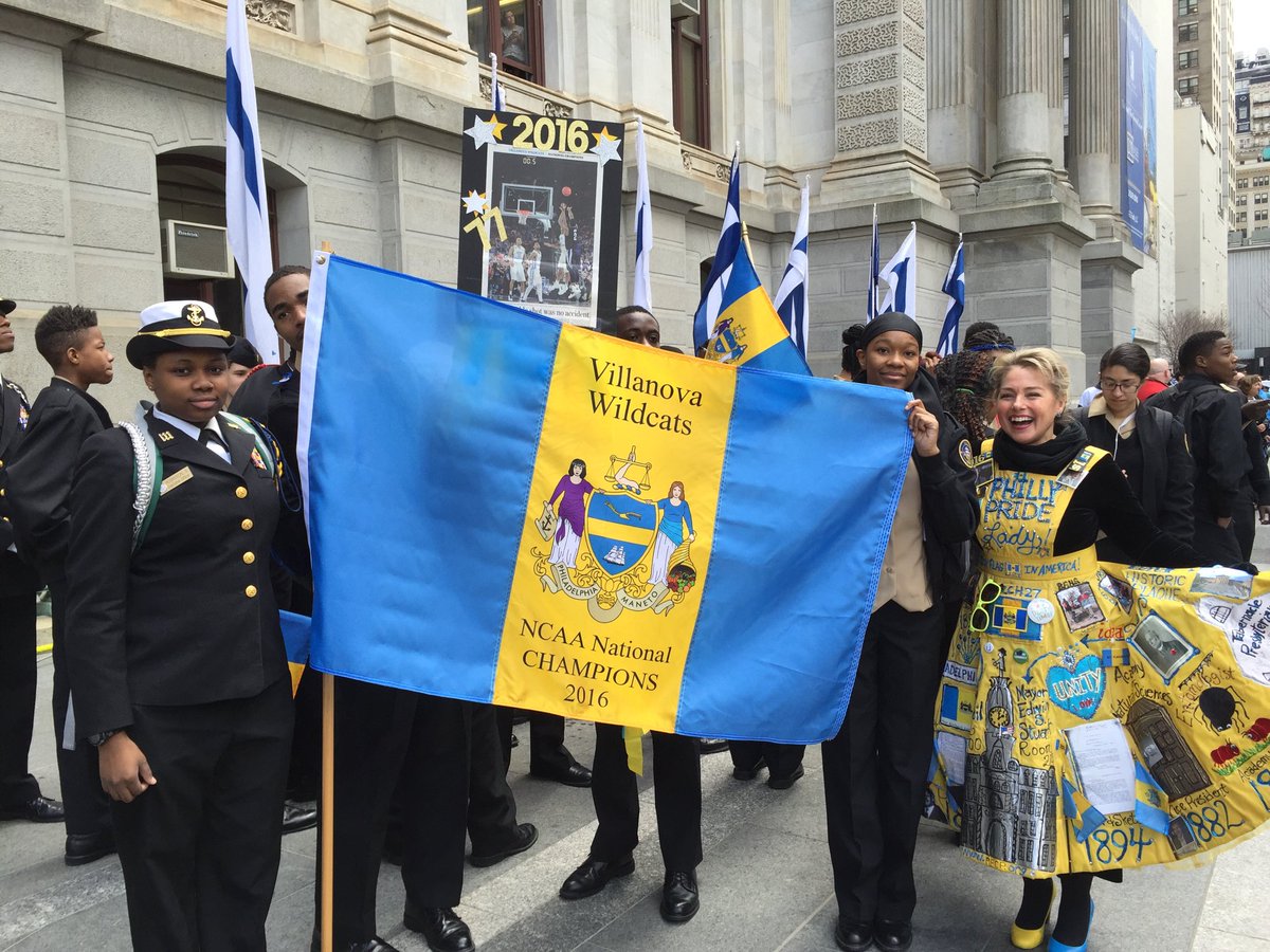 PhillyPrideLady's tweet photo. It's been a FLAG- NOMINAL #PhillyFlagDay ! Thanks to all! Go #Villanova this Saturday! Our #PhillyFlag flies for you! @PhillyPrideLady💙💛💙@SheilaShowPHL https://t.co/jX7ohAyTRe