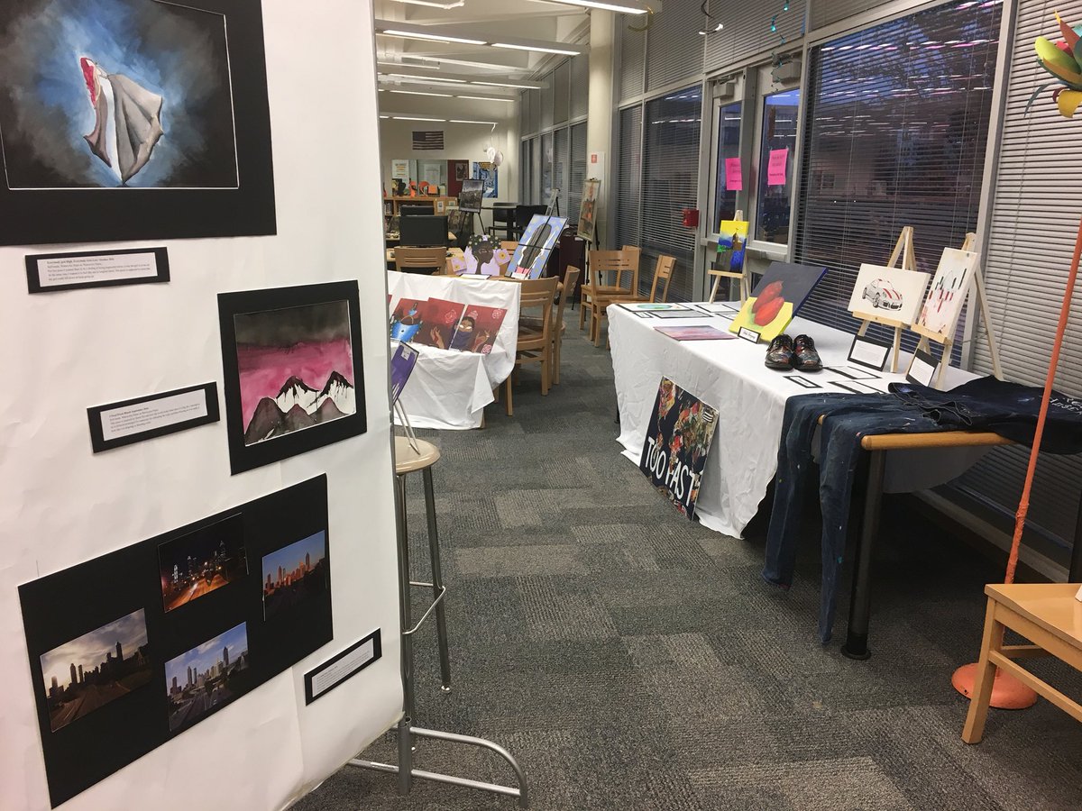 APSMHJHSJaguars's tweet photo. Unbelievable display of Art by our @MJHSIBProgram students! Our media center was transformed into the MJJ Art Gallery this evening! Amazed by the artwork! Amazed by our students! @shaunadaisy7 @sara_womack @CarstarphenMJ @dan_a_sims @mjjptsa @Atldepsupt @IsparksJr https://t.co/IAVmgMTt4U
