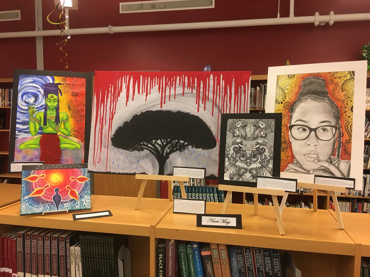 APSMHJHSJaguars's tweet photo. Unbelievable display of Art by our @MJHSIBProgram students! Our media center was transformed into the MJJ Art Gallery this evening! Amazed by the artwork! Amazed by our students! @shaunadaisy7 @sara_womack @CarstarphenMJ @dan_a_sims @mjjptsa @Atldepsupt @IsparksJr https://t.co/IAVmgMTt4U