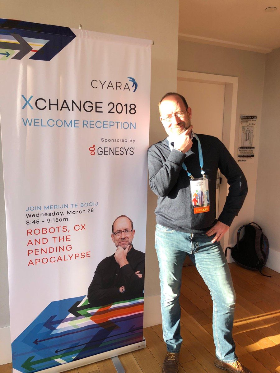 Genesys's tweet photo. Genesys CMO @MerijnGRW deep in thought about how to thrive among companies in the pending apocalypse of robots and AI. Don’t miss Merijn’s main stage presentation on Wednesday morning at #CXCHANGE2018 @GetCyara https://t.co/Q6SiVrMtPw