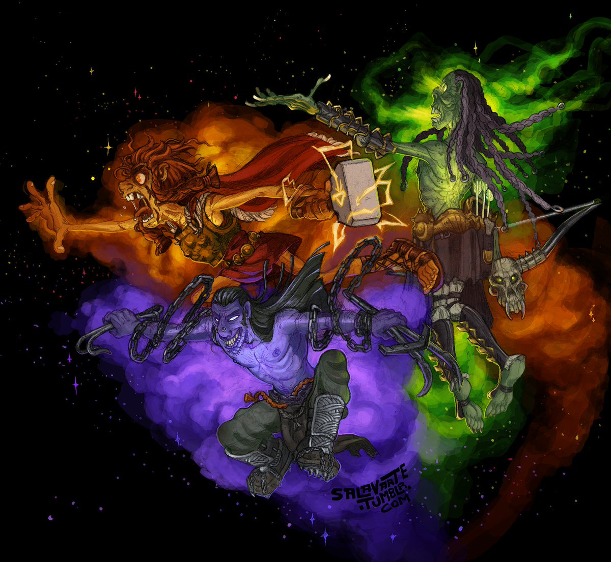 oddtaxonomy's tweet photo. Three Gods of the Circle of Glory. Ethem-Cailo, put-upon and pissed off God of Aspiration, The Helmsman, God of Void, hunts leviathans and makes people into throw-rugs, and Yawg-Nornus, Goddess of Unhallowed Dead. #fantasyart #conceptart #illustration #godslaughter https://t.co/FIajJ5PSXN