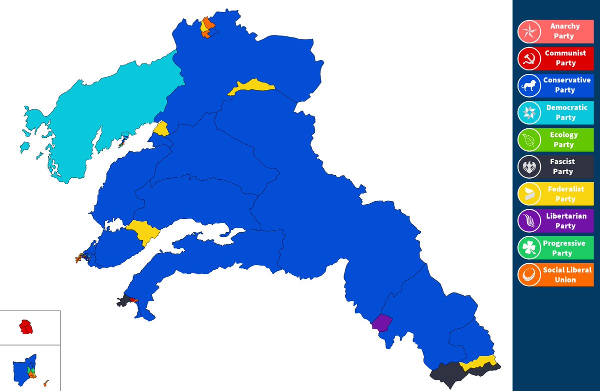 Gardelandelects's tweet photo. Here is a map of the 90 constituencies of Gardeland and what party one in each constituency. Size of constituency does not matter ;). https://t.co/G88EAZi8Y7