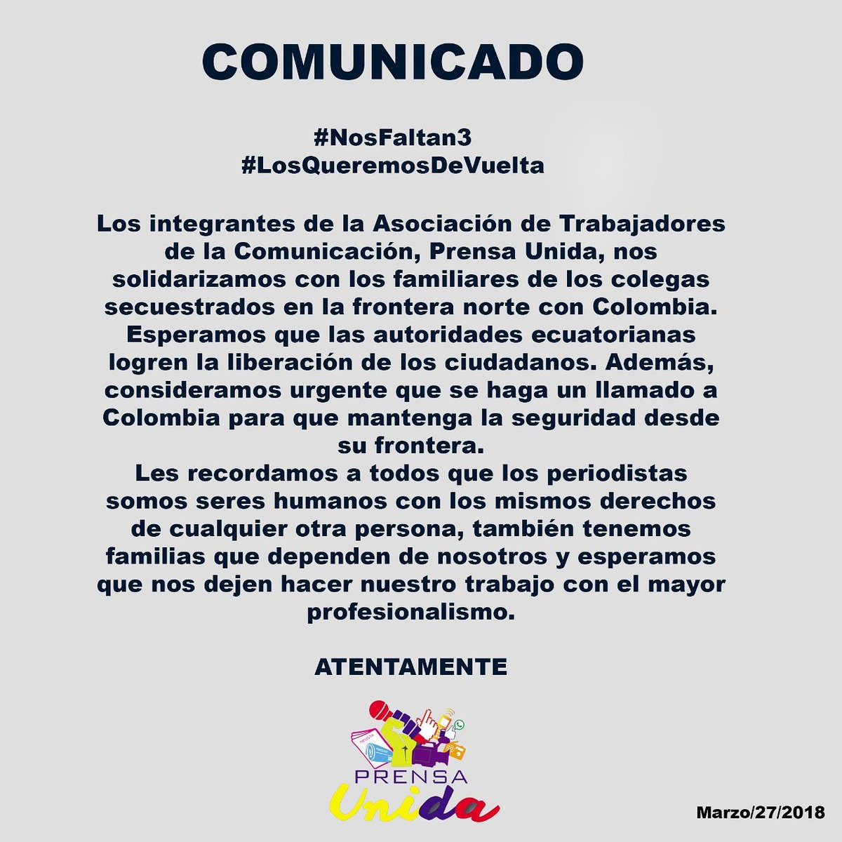 Comunicado de los integrantes de la Asociación de Trabajadores de la Comunicación #PrensaUnida #NosFaltan3 #LosQueremosDeVuelta <a href="/MinInteriorEc/">Ministerio del Interior Ecuador 🇪🇨</a> <a href="/PoliciaEcuador/">Policía Ecuador</a> <a href="/Mindefensa_Ec/">Defensa Ecuador</a> <a href="/elcomerciocom/">El Comercio</a>