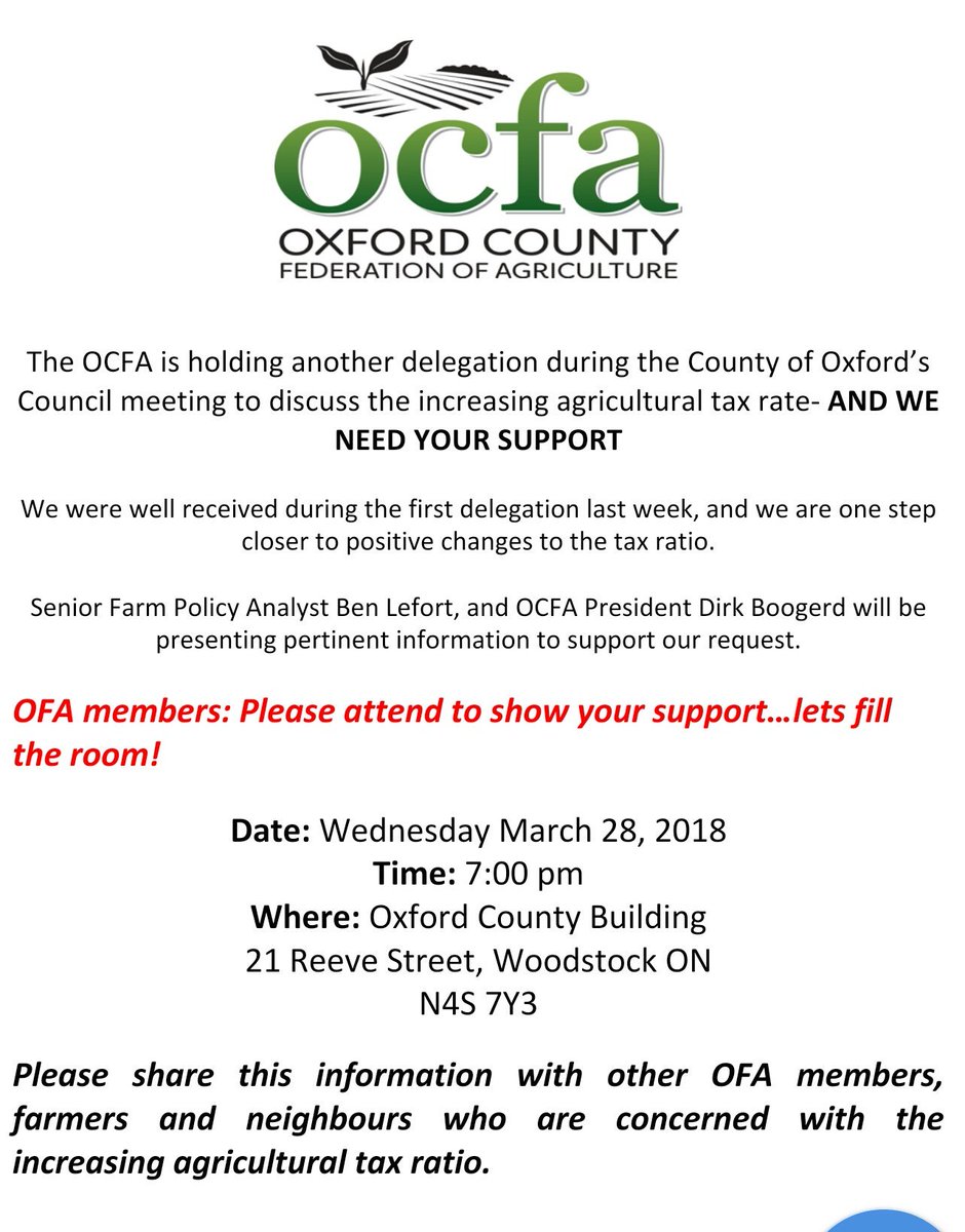 Looking for Oxford county farmers to show support tomorrow night as we lobby for fair farm property tax assessments
