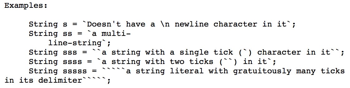 brunoborges's tweet image. &quot;if the body contains sequences of 2 ticks and 3 ticks, it can be delimited by 1 tick, 4 ticks, 5 ticks, etc. This makes it possible to choose a minimal delimiter that doesn&apos;t interfere with the body.&quot;

Smart, @BrianGoetz. :)

#StringLiterals in #Java

mail.openjdk.java.net/pipermail/ambe…