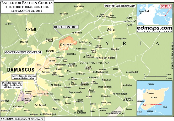 EdmapsCom's tweet photo. #Syria civil #war: #Battle for Eastern #Ghouta at the end - A territorial control #map as of March 28, 2018 (5 am local time) #Assad #SAA #Douma #Harasta #Irbeen #EastGhouta #EasternGhouta #Eastern_Ghouta #Damascus https://t.co/Z8rLNrjx2V https://t.co/9auQxXuqfk