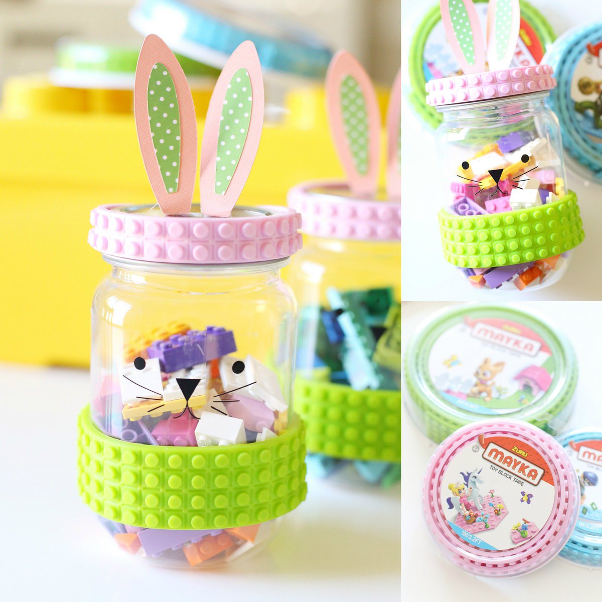 Need a fun Easter gift idea? Turn a mason jar into a LEGO bunny jar using Mayka block tape and fill it with #LEGOS! 🐰 <a href="/ZURUToys/">ZURU</a> #MaykaWorld #MaykaTape #ad seevanessacraft.com/2018/03/easter…