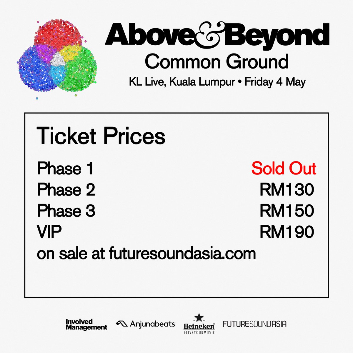 futuresoundasia's tweet photo. Phase 1 tickets to Above &amp; Beyond: Common Ground are sold out. Phase 2 tickets now on sale at https://t.co/S9lAXjTBFb.

Ticket prices move to the next phase once the current phase sells out. All ticket phases are free standing general admission tickets except for VIP. https://t.co/hrlDxc4RFi