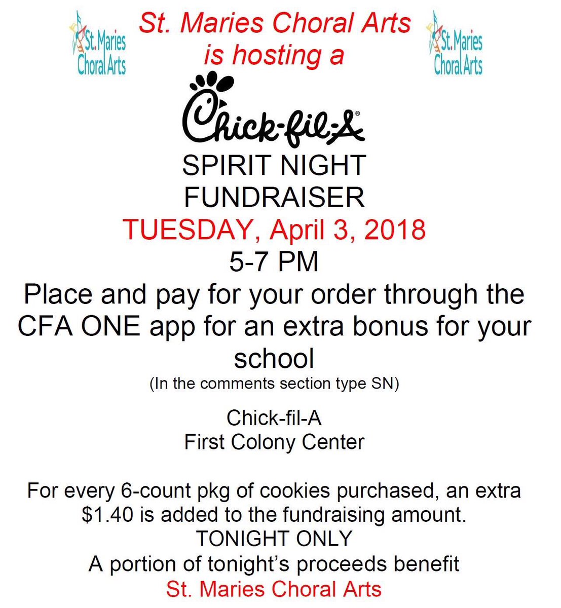 stmariescc's tweet photo. Come see us on April 3rd from 5pm-7pm as we perform at our Chick-fil-A Spirit night. Please print out vouchers where we'll receive 20% of all purchases, plus an additional 5% for using the CKA One app. Make sure to type “SN” in the comments if ordering from the app. https://t.co/R2ueI7pD5h
