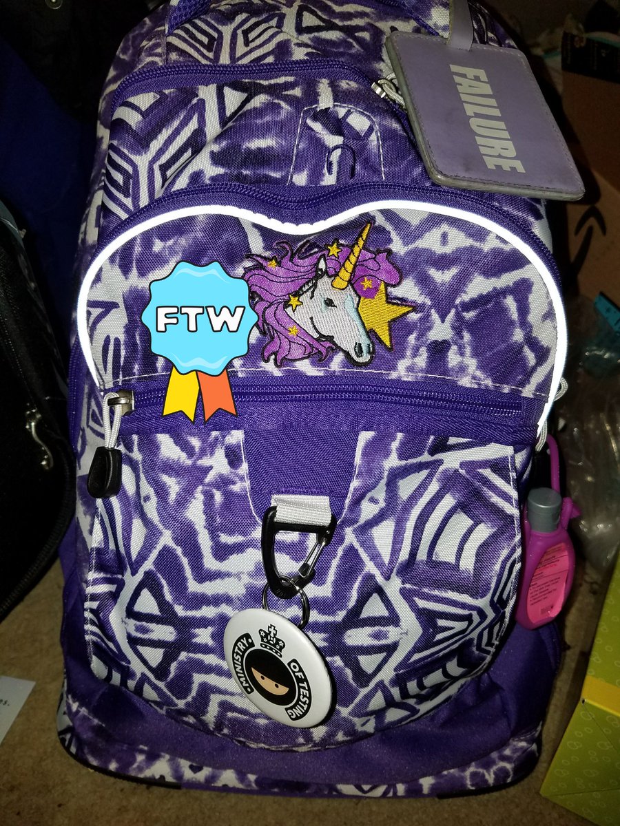 aclairefication's tweet photo. Settling into my new work bag #MoTATL @testingatl @ministryoftest #softwareunicorns #failureisanoption #purplepower @jayphilips https://t.co/5WlevjaavB