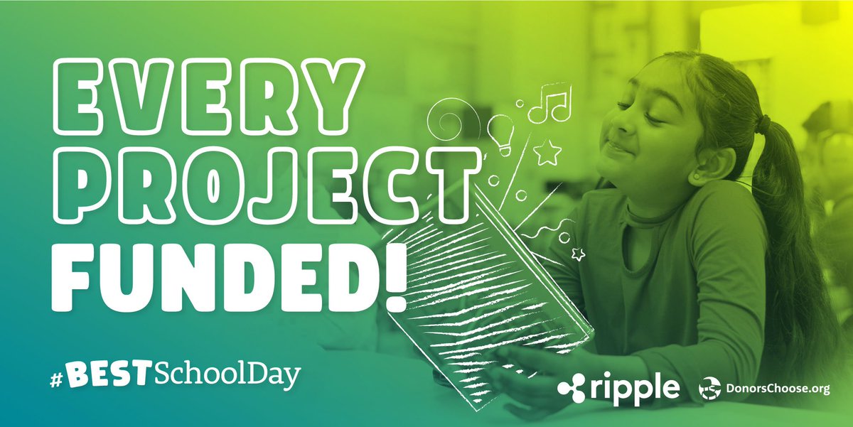 DonorsChoose's tweet image. We can’t believe that just happened. With the largest single donation in our history, @Ripple just funded EVERY SINGLE CLASSROOM PROJECT on our site. Happy #BestSchoolDay! donorschoose.org/blog/best-scho…
