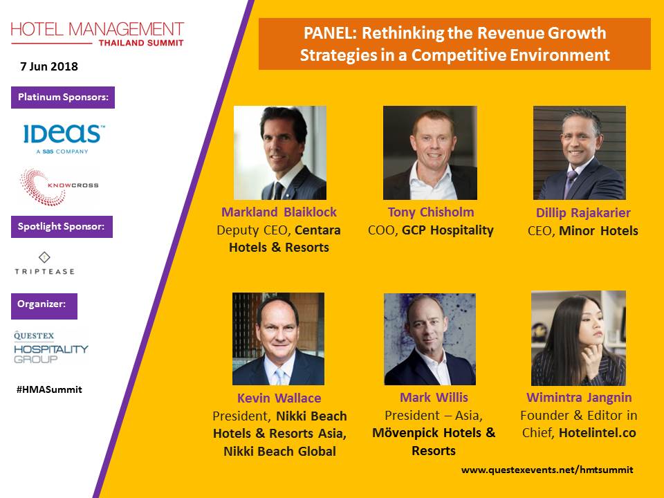 HM_Asia's tweet photo. Hear Panel on ‘Rethinking the Revenue Growth Strategies in a Competitive Environment’ at Hotel Management Thailand Summit 2018 #HMASummit. Register here for early bird specials https://t.co/WNwwwJid4U 
Follow @HM_Asia #Bangkok #Event #Summit #Hoteliers #SeniorHoteliers https://t.co/y22UmL0LFj