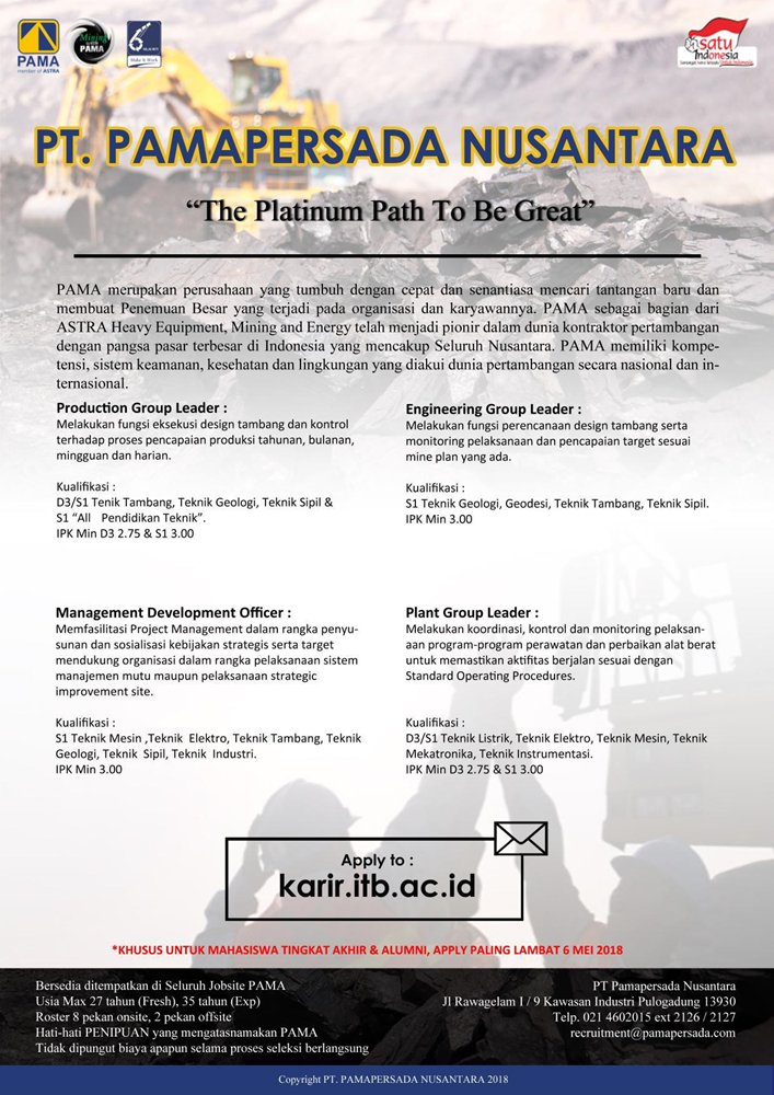 Jadilah Bagian dari Pamapersada Nusantara melalui 12 #lowongan yang dibuka. Info >> bit.ly/2iLBBvt Lamar sebelum 6 April