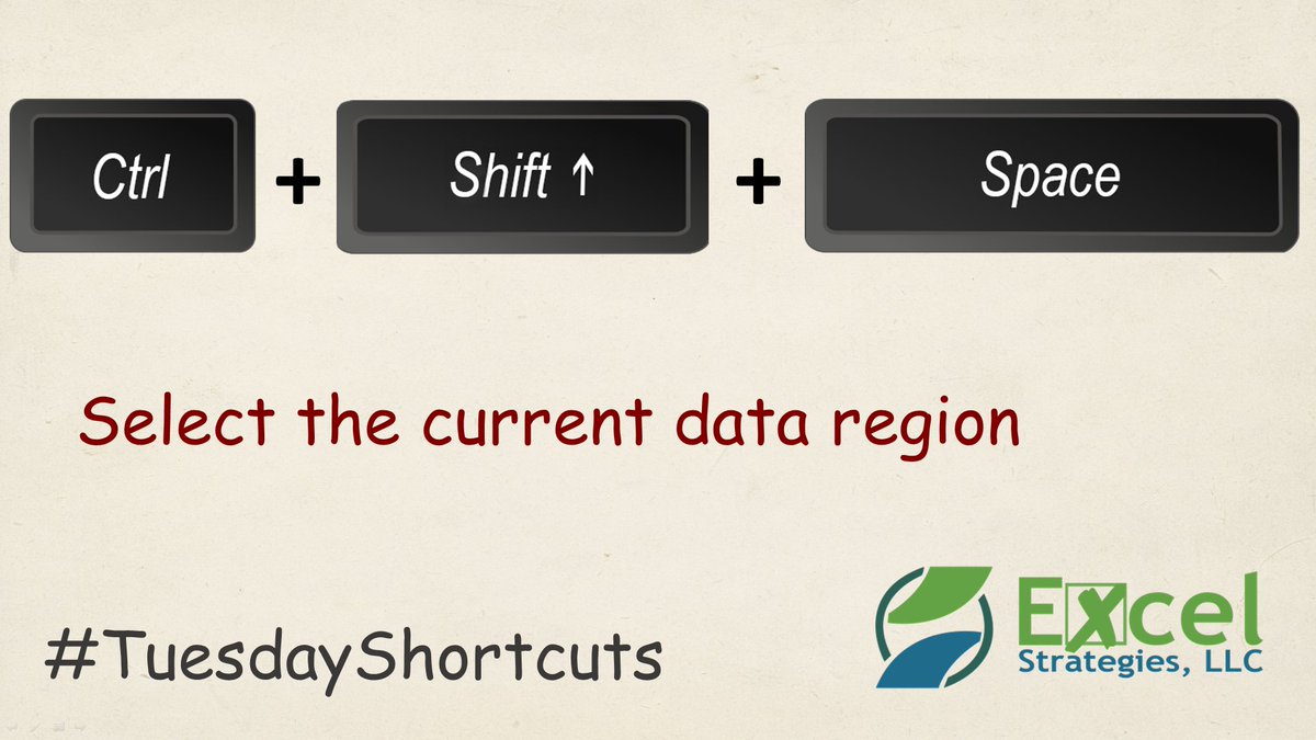 ExcelStrategies's tweet photo. CTRL + SHIFT + SPACE - Select current data region in @MSExcel
#TuesdayShortcuts #MSExcel #Excel #ExcelShortcuts #Shortcuts #MicrosoftExcel #SpreadsheetSecrets #ExcelTips #ExcelTricks #Tips #Tricks #Microsoft #HowTos https://t.co/5rfjPpI7UN