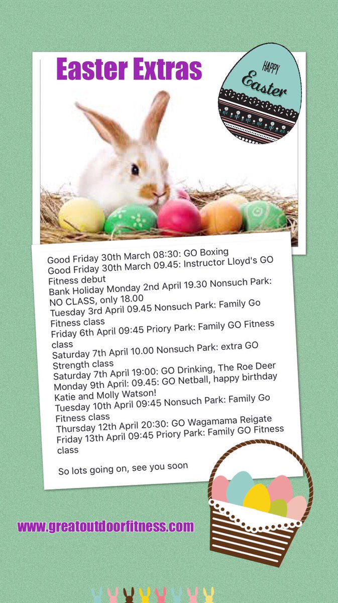 GO_Fitness_'s tweet photo. We’ve got lots going on over Easter with child-friendly sessions for the school holidays, extra #GOStrength and #GOBoxing as well as some social events. Hope to see you soon #Reigate #Cheam #outdoorfitness https://t.co/RblEj9qH2f