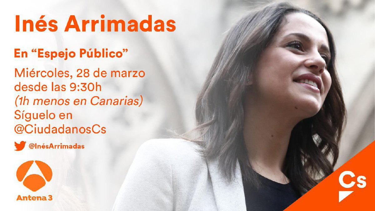 Cs_Calafell's tweet photo. 🍊 @InesArrimadas nos comentará toda la actualidad política esta mañana en
@EspejoPublico de @antena3com 📺
🕤 A partir 9,30 horas. https://t.co/8dVmsWz10x
