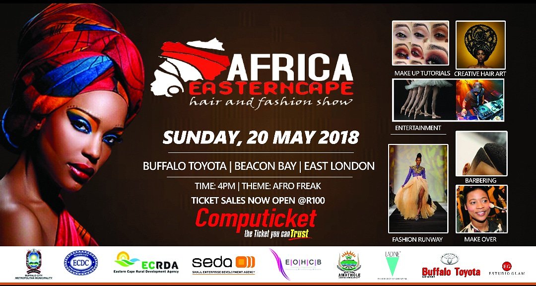 AfricaECHF's tweet photo. 🔊 BOOM: the secret is out Africa Eastern Cape Hair and Fashion Show is taking place on the 20th of May 2018 at Buffalo Toyota, Beacon Bay. Tickets available at Computicket (R100). The theme of the event is being African (#AFROFREAK) https://t.co/WPnHu2uWg9