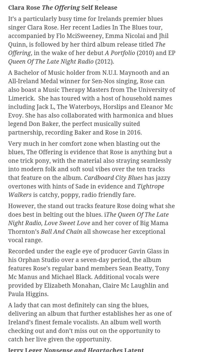 ClaraRoseMusic's tweet photo. "An album that further establishes her as one of Ireland's finest female vocalists" Thanks for your album Review! #LonesomeHighway #TheOffering #ClaraRose @BluesRootsEire https://t.co/5WggmNIXEz https://t.co/rCDRmI85CV