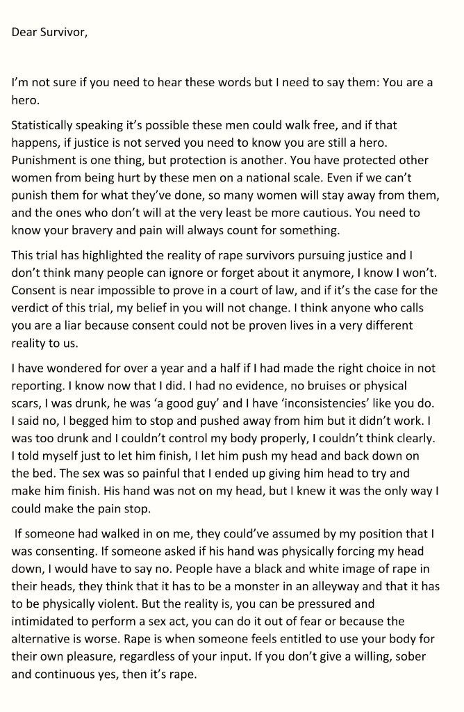 IBelieveHer1's tweet photo. I was given this absolutely beautiful letter to the victim. I am not in contact with her, so I thought I would share it here as it is truly moving and perfectly demonstrates how rape is so much more than the black and white scenario that it is often depicted as. #ibelieveher https://t.co/hJGgdcC20g