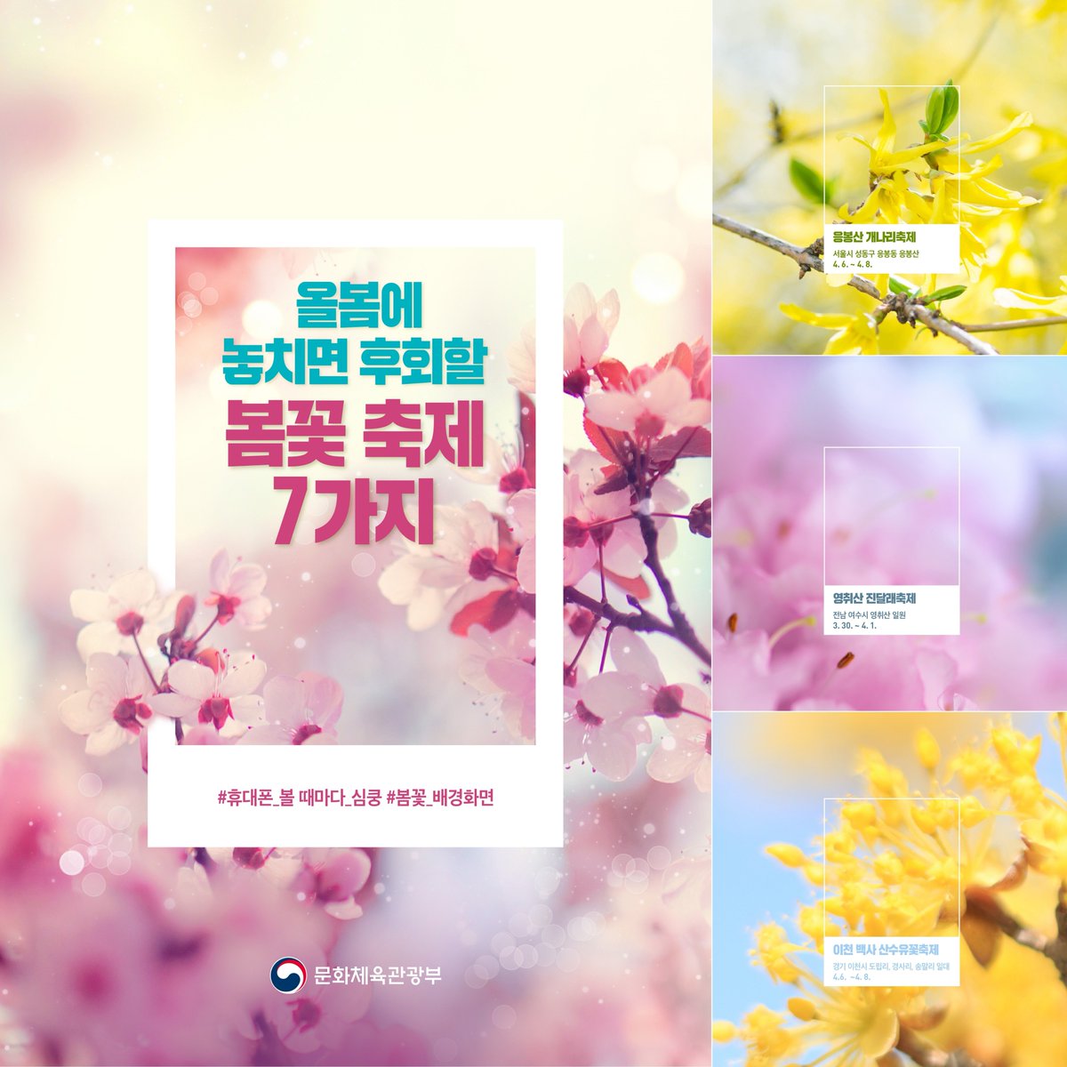 올봄, #꽃구경 가신다면 확인 필수!
#봄꽃축제 일정 확인하시고, 덤으로 #휴대폰 #배경화면 까지 받아가세요.
(이미지를 내려받아 휴대폰에 화사한 봄옷을 입혀주세요)

▶페이스북에서 보기 goo.gl/ECpuwm
#봄꽃 #봄 #벚꽃 #유채꽃 #진달래 #철쭉 #튤립 #축제 #문화체육관광부 #쉼표있는_삶