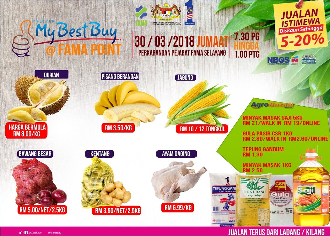 FAMA_Malaysia's tweet photo. 📣JTDL MAC 2018 !!!!!📣
Jualan Terus Dari Ladang dan Jualan My Best Buy 2018.

 ⏩30 Mac 2018 (Jumaat)
7.30pagi - 1.00 ptg
⏩Perkarangan Ibu Pejabat FAMA, Bandar Baru Selayang (Bersebelahan Bomba)
🔊 ORANG RAMAI DIJEMPUT HADIR🔊

@shaberyc

#jimatbelanjadapur
#famadihatirakyat https://t.co/e479FZscsA