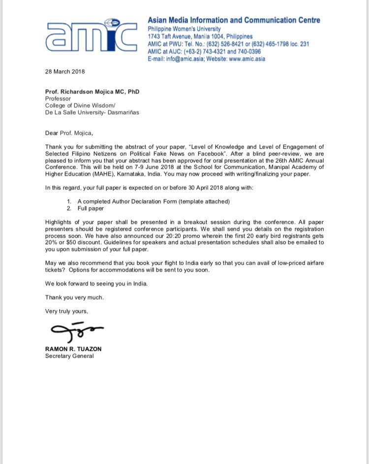 qrstuvmojica's tweet photo. Yehey! 2 papers going to India! Thank you, Lord.
#Research #FakeNews #CommunicationEducation https://t.co/1ThBZFRMI5