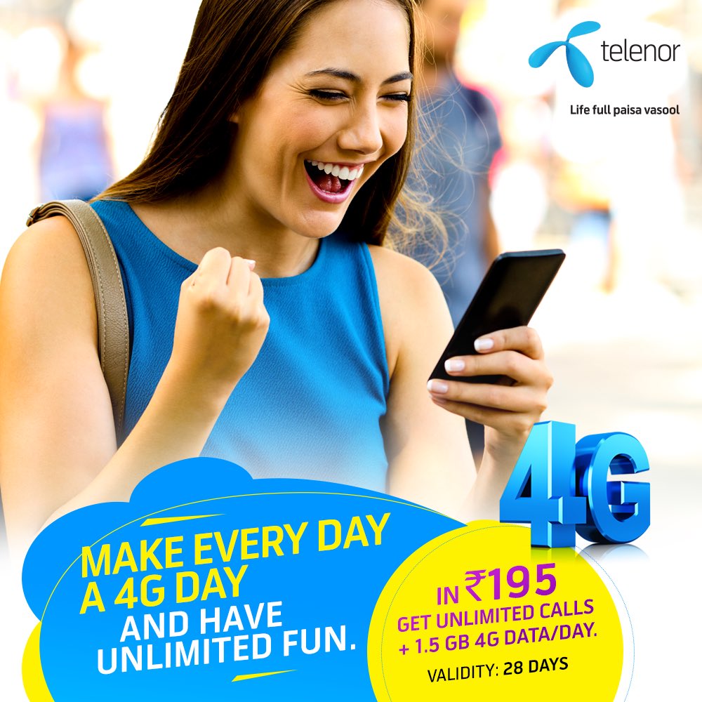 Recharge with Rs.195 and get unlimited calls and 1.5 GB #4G data every day: telenor.in/unlimited-offe…