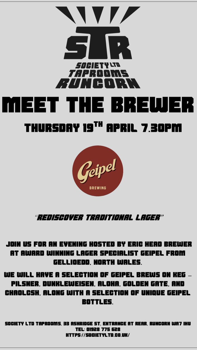 Join us for our 1st Meet The Brewer Event Thurs 19th April with the awesome <a href="/GeipelBrewing/">Geipel Brewing</a> <a href="/Society__Ltd/">Society Ltd</a> <a href="/heavybrew/">Heavy Industry</a> <a href="/wildhorsebeer/">Wild Horse Brewing Co</a> <a href="/HaltonCamra/">Halton CAMRA</a> <a href="/ChesterBeerBlog/">ChesterBeerBlog</a> <a href="/blueballbrewery/">Blueball Brewery</a> <a href="/kash_chester/">Kash Bar</a>