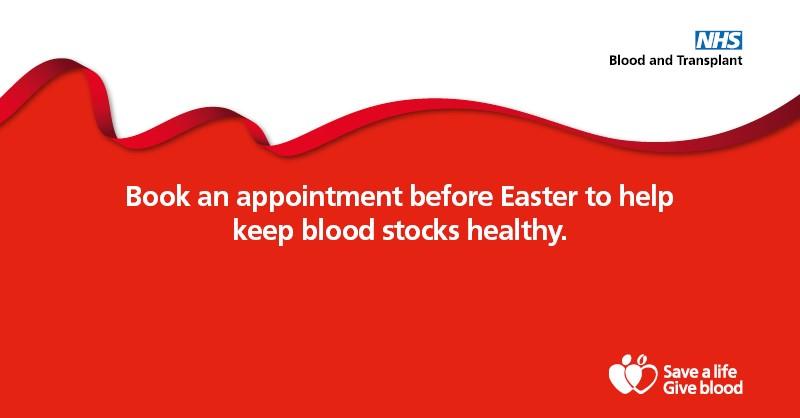 All blood groups are being asked to make a life saving appointment in the build up to Easter. It’s only about an hour of your time, but making your appointment can make a lifetime of difference. Visit socsi.in/ejGic or call 0300 123 23 23 to book your session.