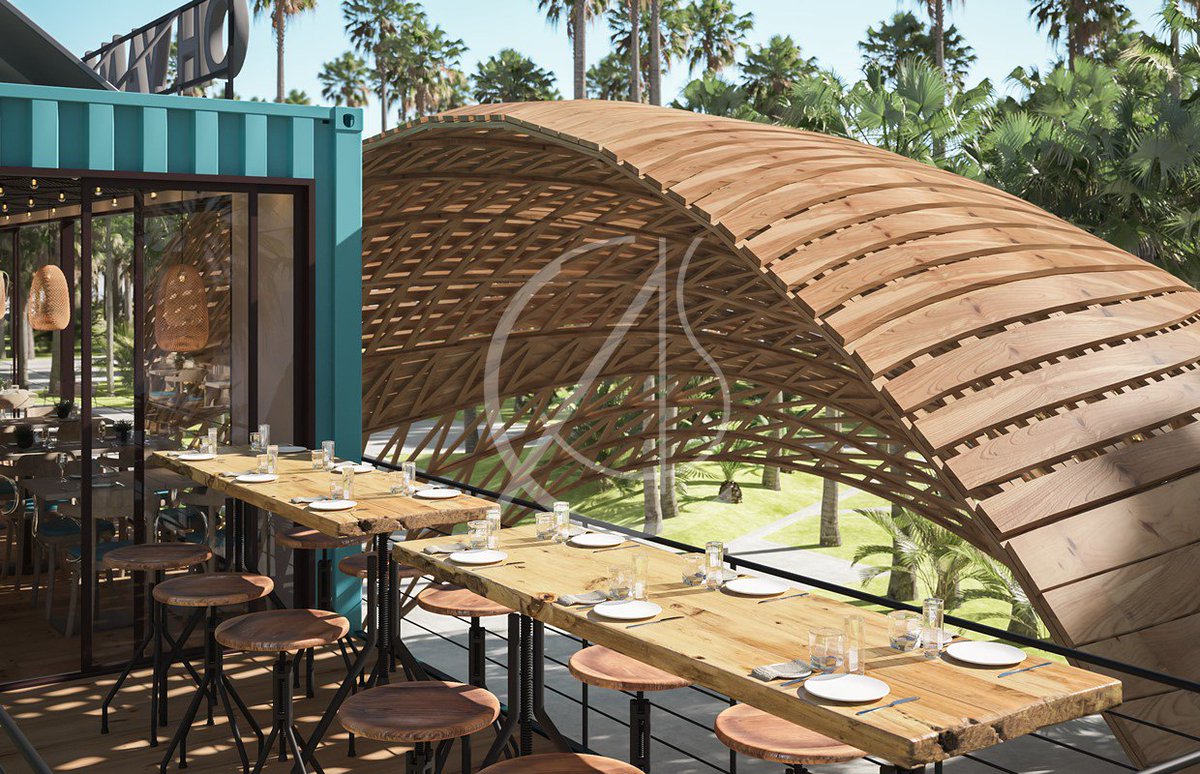 GanemNourai's tweet photo. The #Emirati Ho Yamal! container café  Turquoise and natural wood create the main color scheme, inspired by the coastal region of #Dubai.  
https://t.co/a2ptQRI1d0
#containership #ContainerCafe #ContainerRestaurant #ContainerBar https://t.co/zmOA7XkYEA