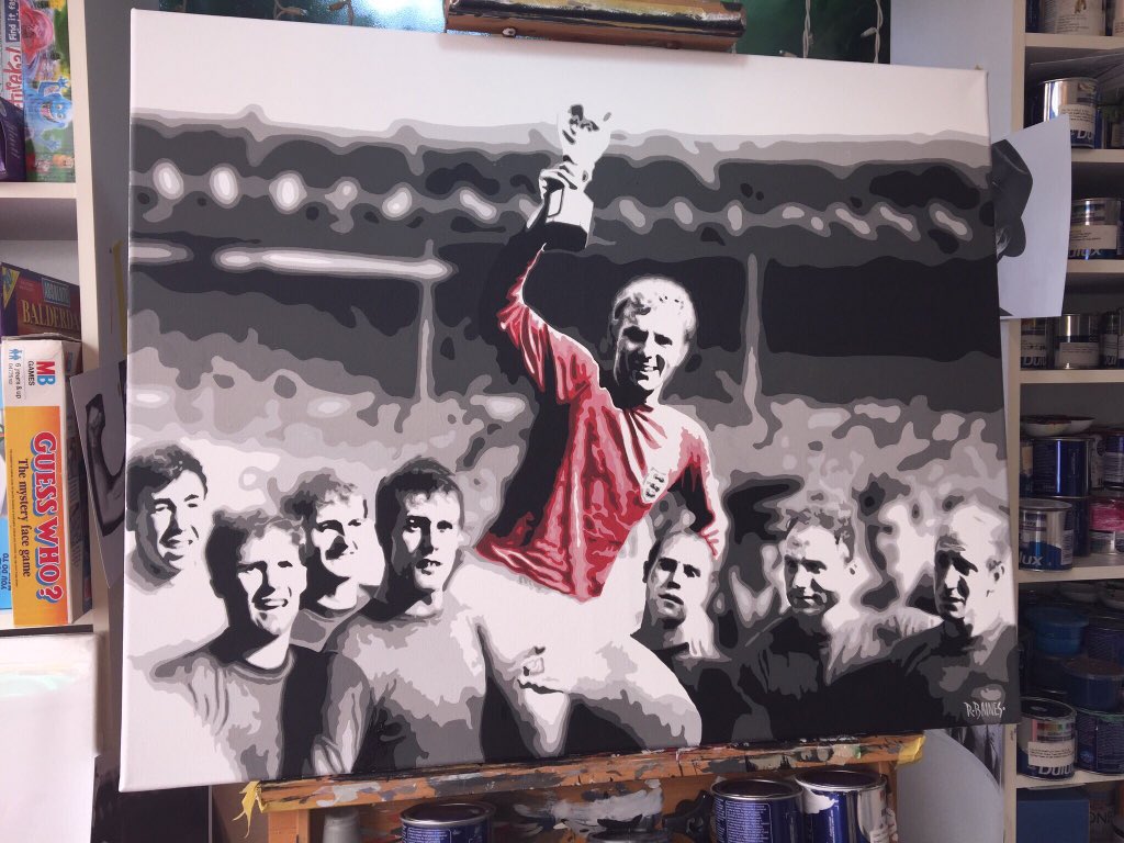 RossBainesArt's tweet photo. I'm considering selling my England '66 painting, personally signed by Sir Geoff Hurst. Please DM me with a sensible offer if you're interested 👍 https://t.co/BZRsVXFL3z