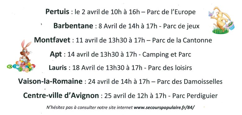 Retrouvez nos chasses aux oeufs dans le département du Vaucluse ! 

#chasseauxoeufs #vaucluse #avignon #secourspopulaire